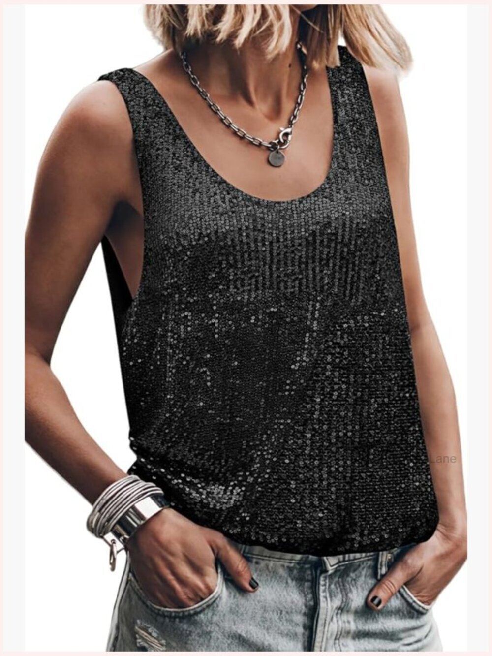 Sleeveless Sequin Tank Top Sparkly Summer Blouse Scoop Neck Glamorous Partywear